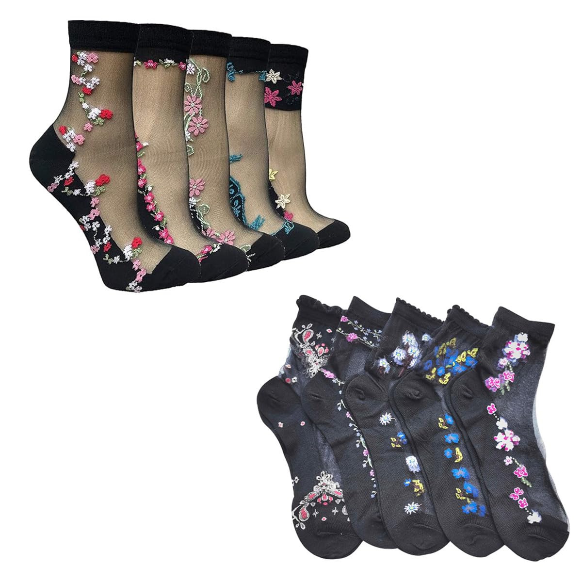 RUITASA Women Sheer Mesh Socks, 5 Pairs Vintage Sheer Socks, Summer Transparent Flower Ankle Socks, Black, One Size Extra Tall