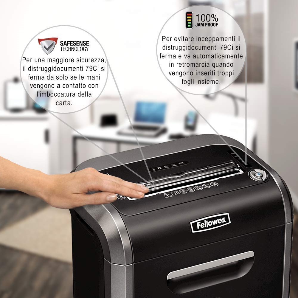 Fellowes distruggi documenti a frammento 79Ci, 16 fogli, per piccolo ufficio, da 1 a 3 utenti, cestino da 23 litri, distruggidocumenti con tecnologia Safesense e anti inceppamento, nero