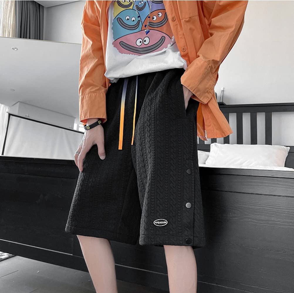 Moda męska szorty do kolan żakardowe gładkie kolory spodenki do biegania wygodne na co dzień luźne modne spodenki do biegania męskie bermudy letnie szorty, Czarny, 3XL