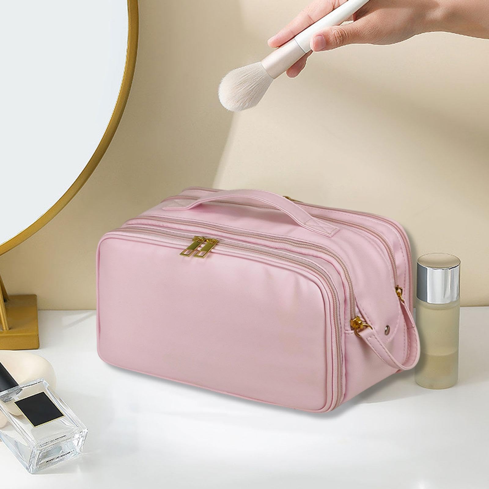 perfk Borsa da viaggio per cosmetici, per trucco, portatile, spaziosa, con portapennelli, robusta custodia per il trasporto, Rosa