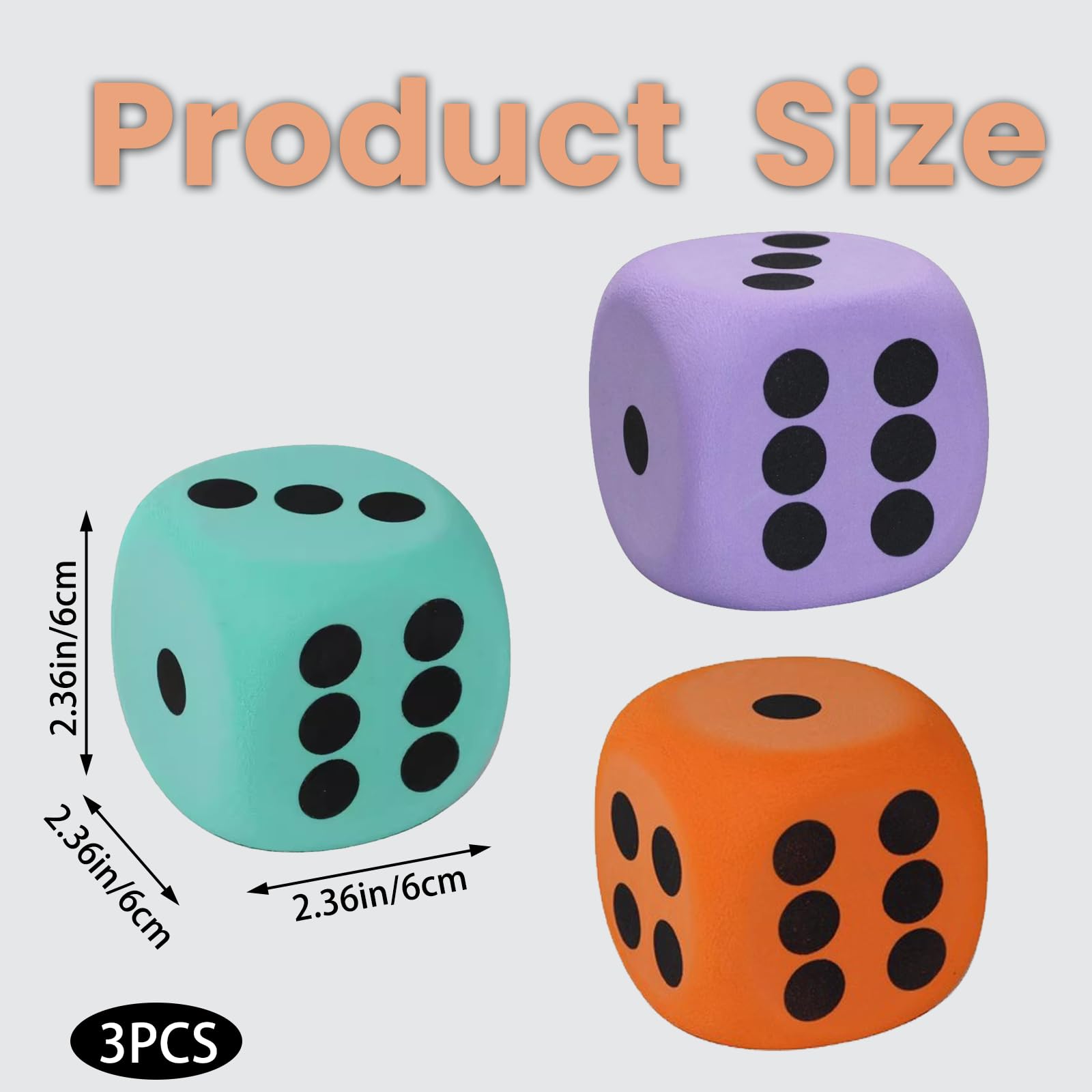 fKiZanthene Large Foam Dice Set, 3-Piece 6x6x6cm EVA Cubes in Pastel Blue Purple Orange for Classroom Games and Math Teaching - Image 2
