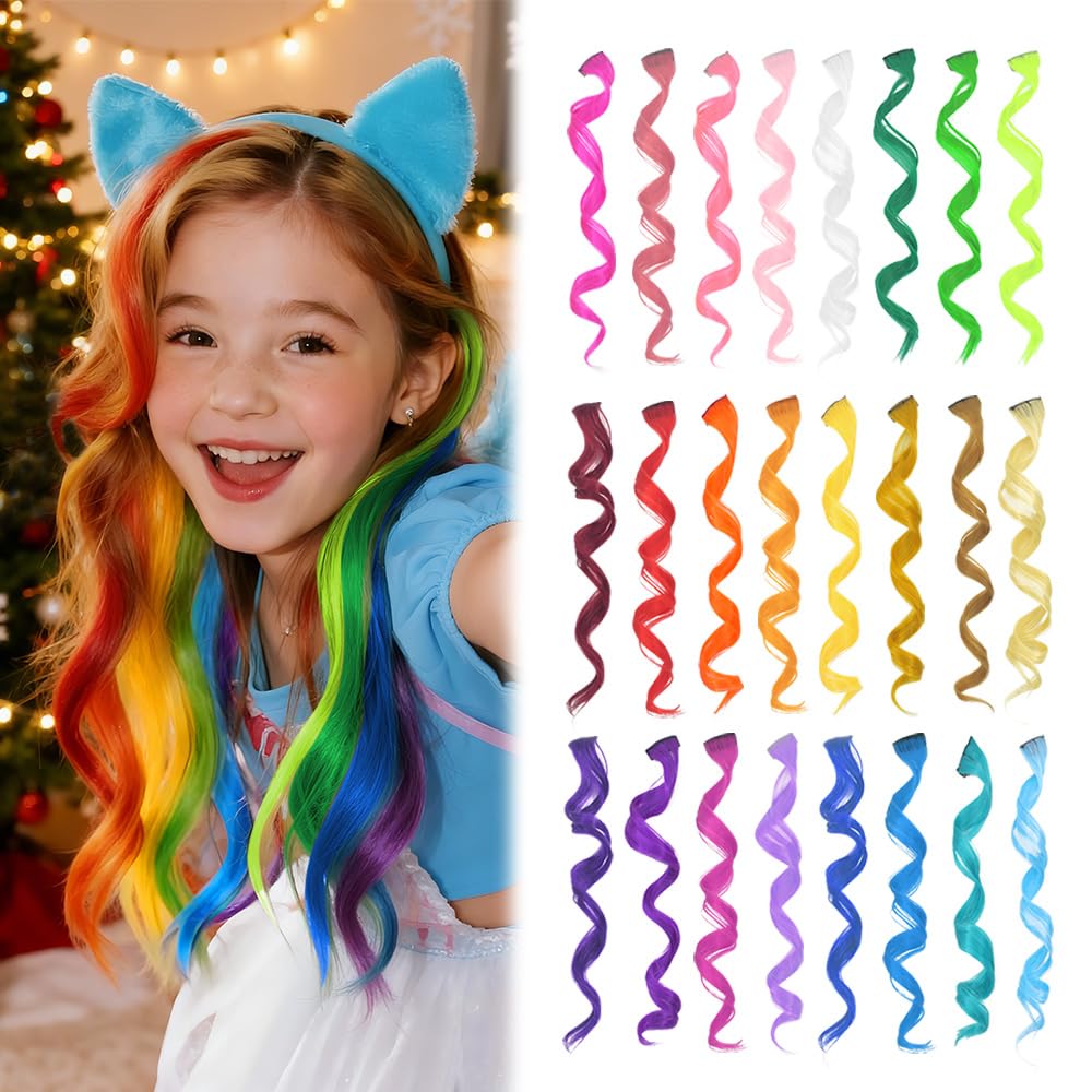 Dreamlover Coloured Hair Extensions for Kids, Rainbow Hair Extensions for Christmas, Cosplay, 24 PCS
