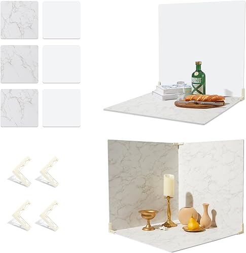 BEIYANG Telones de fondo de fotografía de alimentos de 24 x 24 pulgadas, tableros de fondo de fotos de mármol blanco con 3 kits de soporte, tablero
