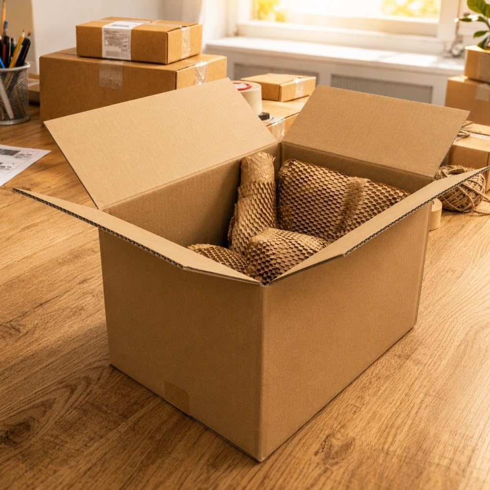 Opakowanie kartonowe L - partia 60 + ochrona papieru + klej papierowy - 43x30x30 cm - Wzmocniony - 100% nadający się do recyklingu - buty, pościel, e-commerce - Life Pack