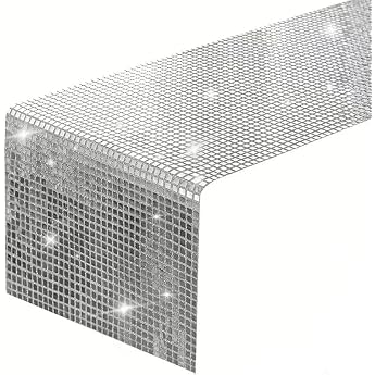 Yisquar 12 x 108 Inch Glitter Disco Party Table Runner Mirror Silver Tablecloth Sparkle Sequin Tablecloth Retro 70s 80s Disco Ball Decor Birthday Bachelorette Wedding Dance Cowgirl Party