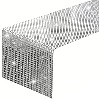 Yisquar 12 x 108 Zoll Glitter Disco Party Tischläufer Spiegel Silber Tischdecke Sparkle Pailletten Tischdecke Retro 70er 80er Jahre Disco Ball Dekor Geburtstag Bachelorette Hochzeit Tanz Cowgirl Party