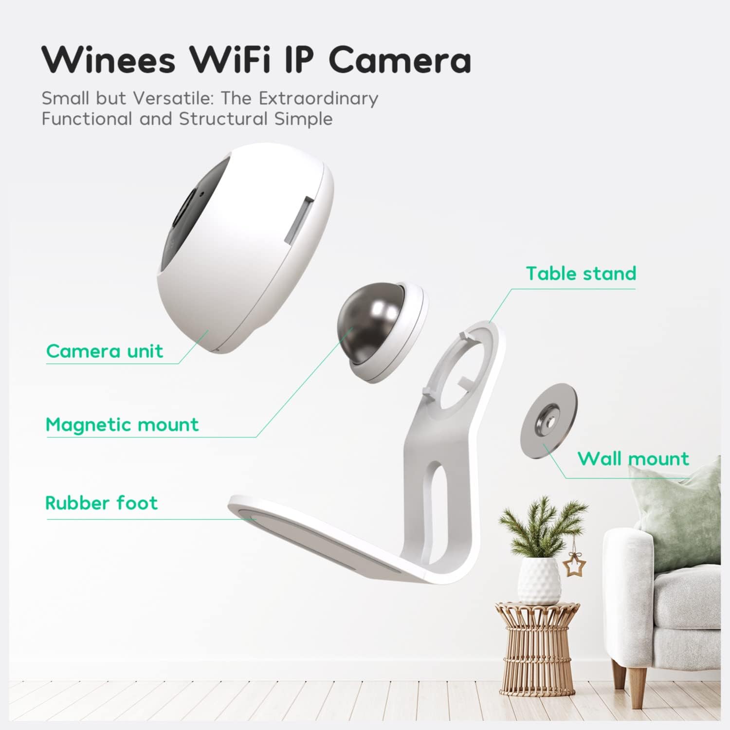 жарылды view of winees M1 Mini camera components including camera unit, magnetic mount, table stand, rubber foot, and wall mount.