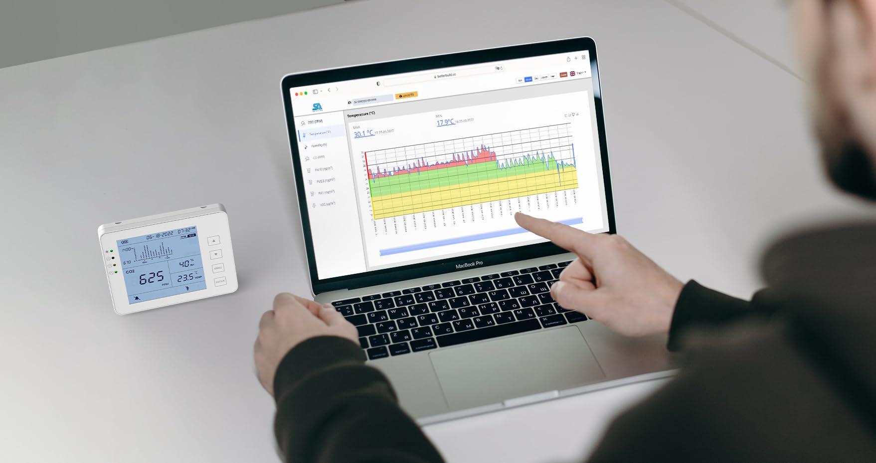 Detector 3 en 1 – Medidor CO2 Temperatura Humedad RH | Batería 10h | SA1300P | Sensor NDIR | Registrador de datos con alarma | para casa y ambientes interiores | Registrador de datos | Dióxido de