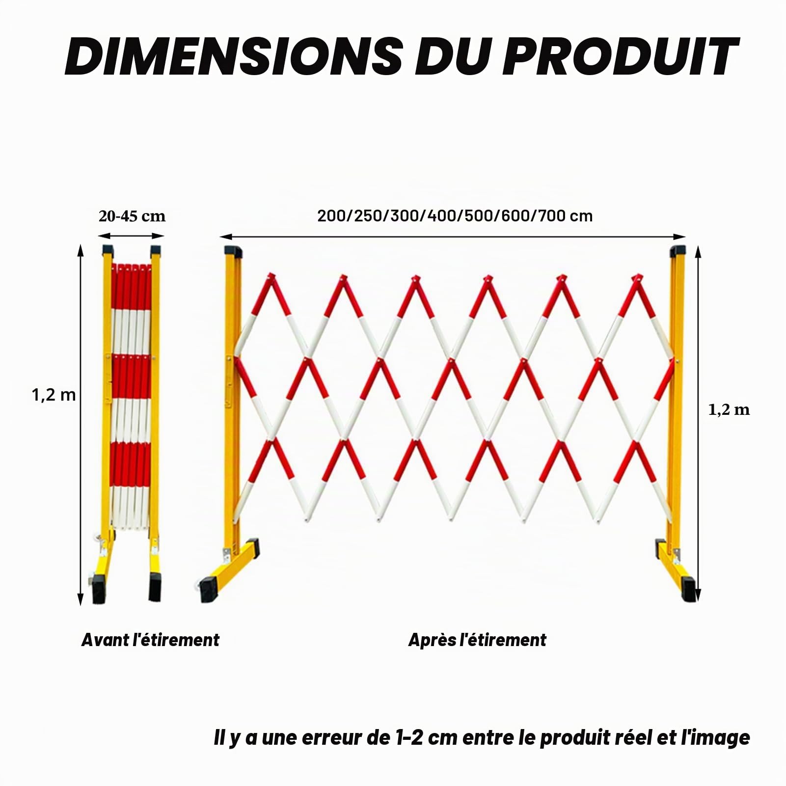 Barrière de sécurité pliable rétractable de 7,9 m avec roulettes – Clôture en métal extensible pour contrôle de foule en extérieur et barrière de chantier (200 cm)