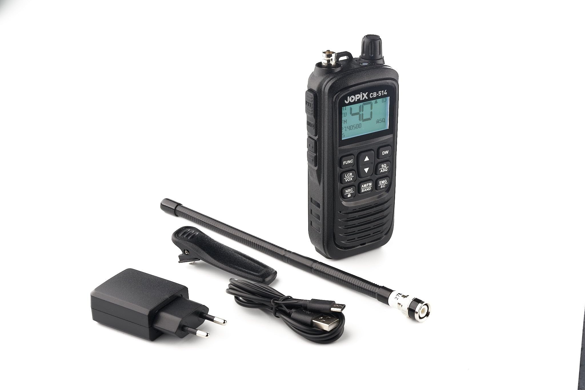 Jopix CB-514 Radio CB Portatile Kit Auto Walkie Talkie AM FM 27MHz | Include adattatore 12V per accendisigari, antenna BNC da 25 cm e ricarica USB-C. Tecnologia di riduzione del rumore NRC.