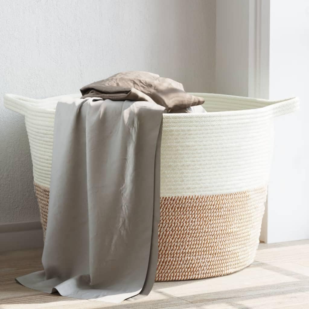 Cesto Biancheria Marrone e Bianco 60x36 cm Cotone | Pieghevole, Maniglie Robust, 60% Cotone 40% Poliestere, Porta Giocattoli e Coperte