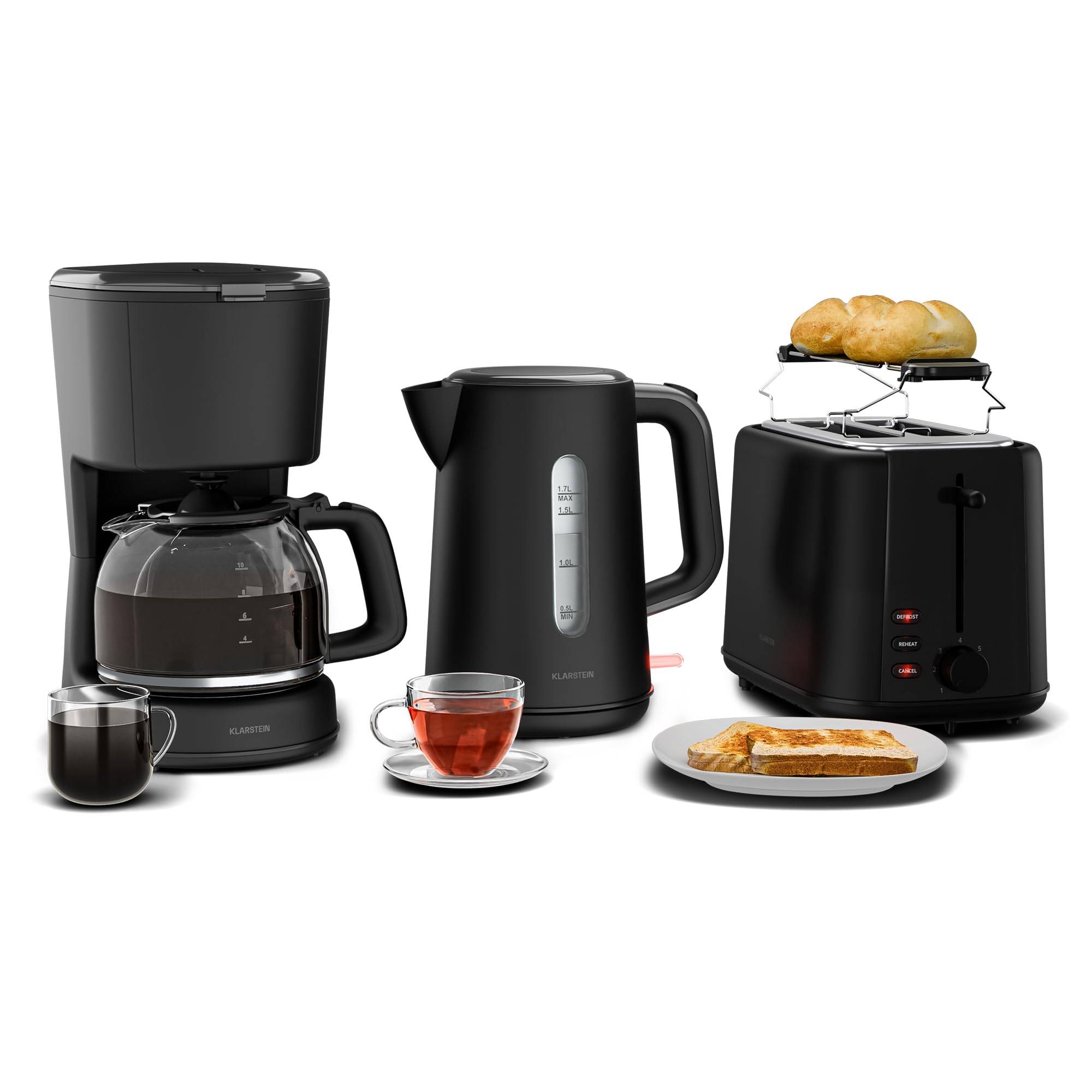 Klarstein Velaire Set per la Colazione Completo – Tostapane 2 Fette 7 Livelli, Bollitore Elettrico 1,7L, Macchina da Caffè con Filtro 10 Tazze, Design Moderno, Supporto Panini