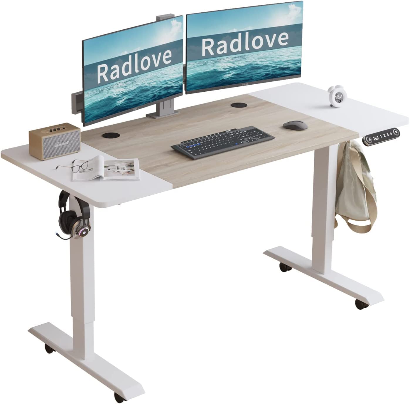 Radlove Escritorio de pie eléctrico Ajustable en Altura con 4 Controles de Memoria y tecnología anticolisión (60 x 140 cm, Roble + Blanco)