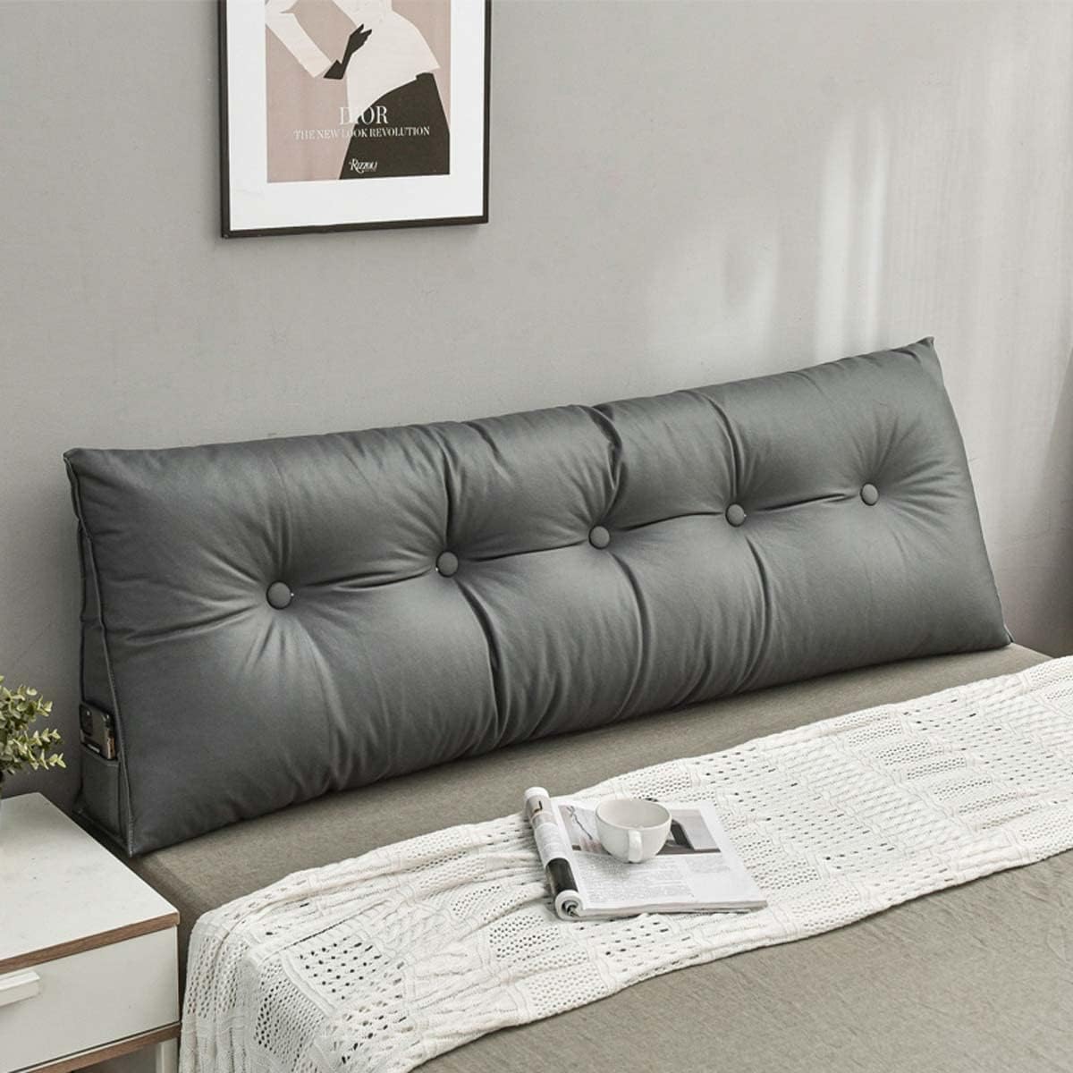 Waterproof Headboard Rest Pillows, Faux Leather Lumbar Support Bolster for Daybed & Sofa, Comfortable Waist Backrest for Positioning & Relaxation (Silvery 180x50x20cm)