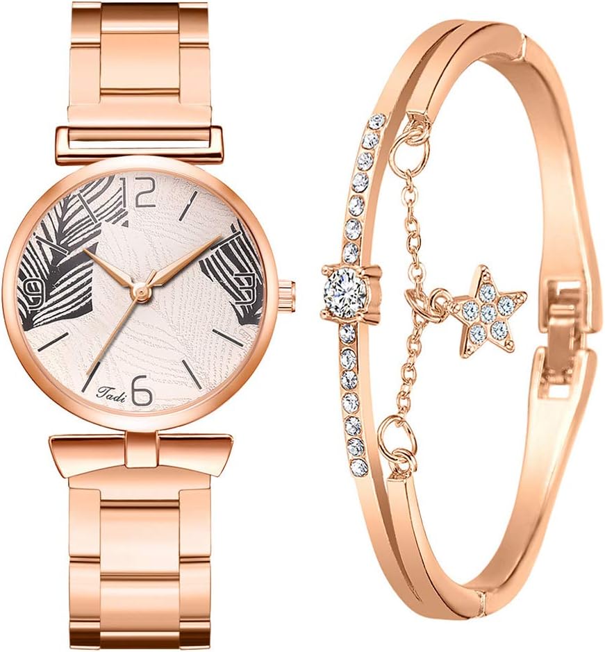 Jackallo Women's Wrist Watch,Fashionable Women Watches Bracelet Box Set Leaf Dial Clock Women Wrist Watches Star Bracelet