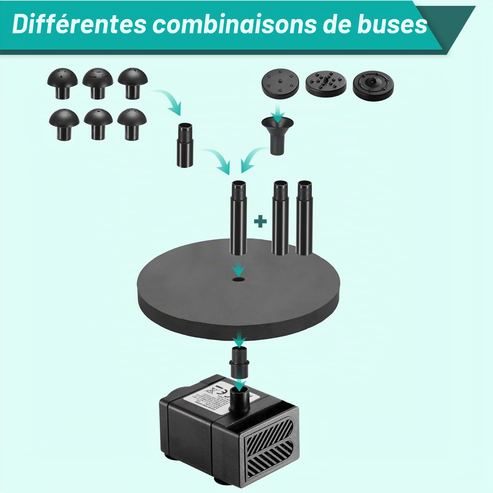 Clevich 6,5W Fontaine Solaire, Pompe à Eau Solaire, avec Tuyau d'eau de 1 m, Câble de 3,25 m, pour Bassins à Poissons, Petits Bassins, Cascades, Pots de Fleurs, Fontaines Décoratives