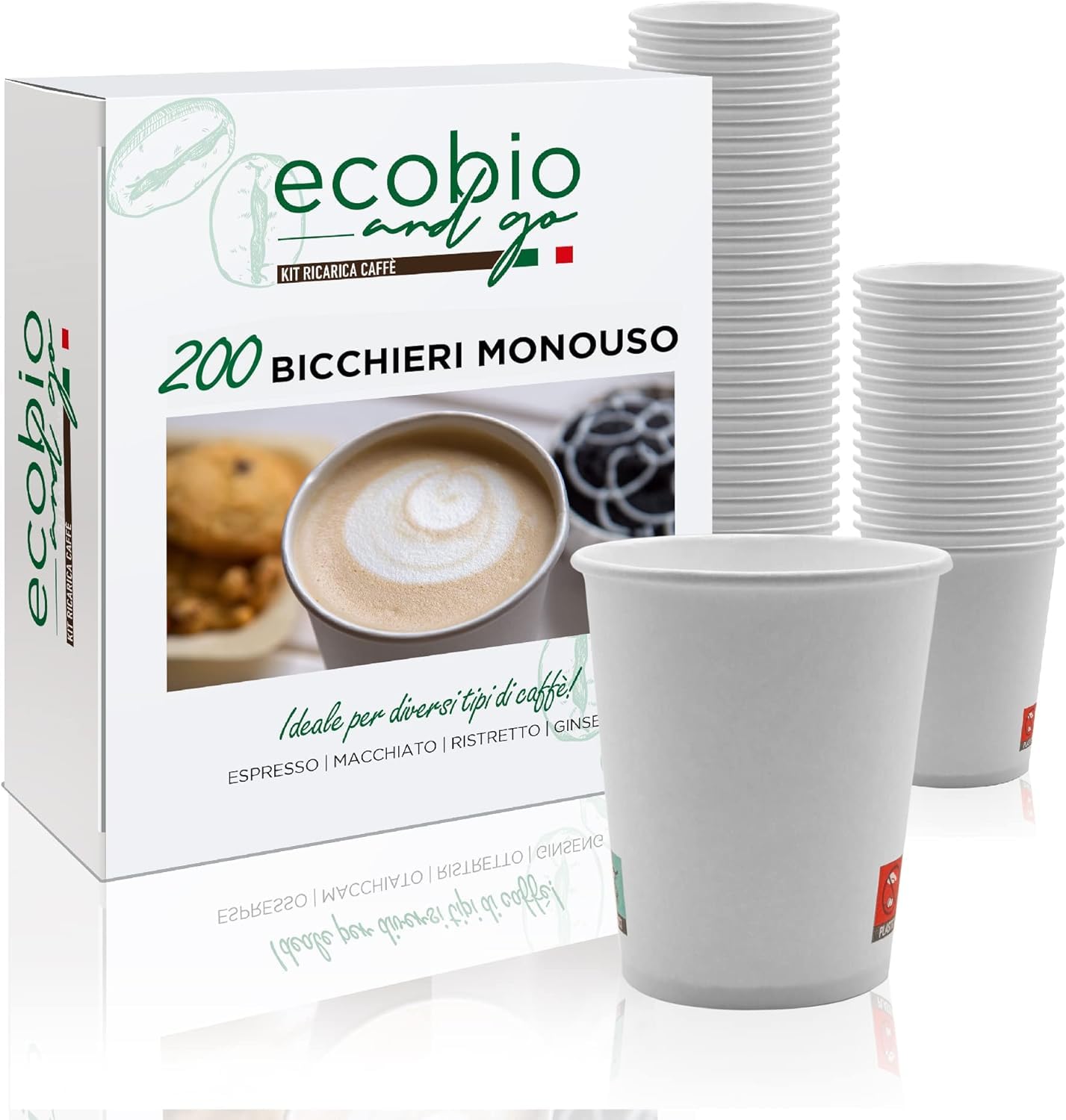 Ecobio and Go - 1000 Bicchieri Acqua di Carta 200ml, Bicchieri Cara Biodegradabili e Compostabili, Bicchieri Monouso Senza Plastica Per Te' e Caffè, Bianchi