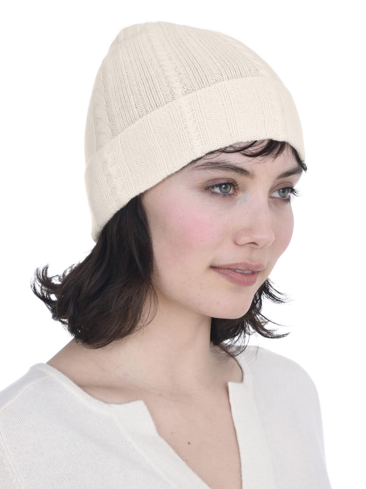 Cashmeren Fold-Over Cable Knit Beanie 100% Pure Cashmere Cuffed Brim Hat for Women