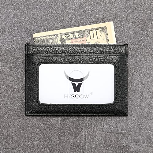 Image of HISCOW Slim Full Grain Leather Card Holder with ID Window, Pebbled Black | Men's minimalist EDC wallet, front pocket carry, 2 credit card slots & center pocket, fits folded bills, premium gift box