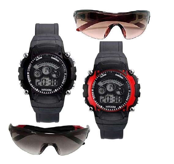Pass Pass Multicolour 7 Light & Goggal Watch + Sunglasses for Age 5 to 12 Years Boys & Girls (Pack-4) (Black & Red)