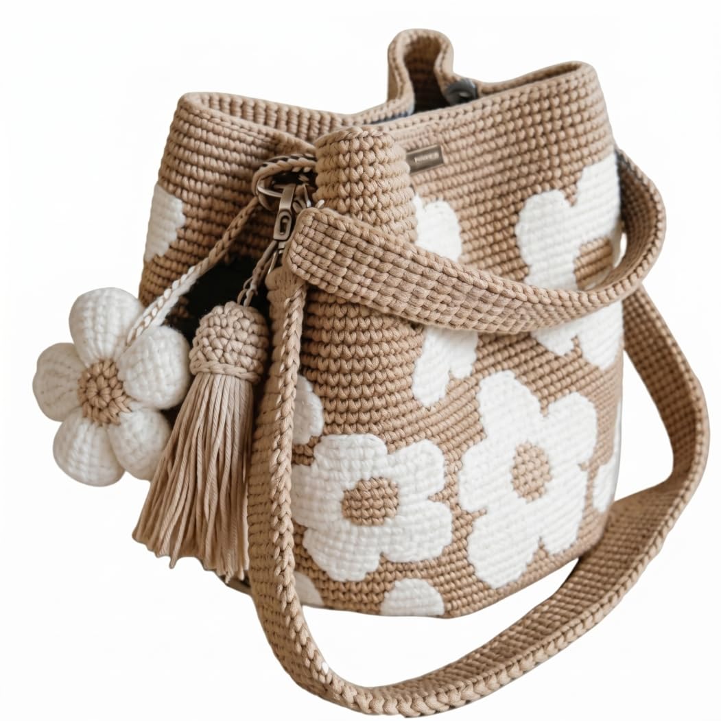 Ameble Unisex Beige Handmade Crochet Tote Bag, Lightweight Spacious Woven Purse With Removable Flower & Tassel, Beach Bag, Summer For Women,