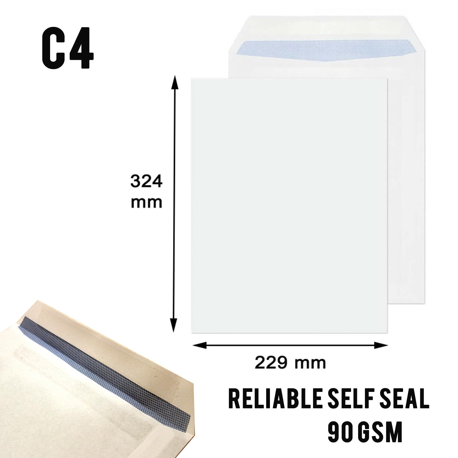 Versandtaschen in verschiedenen Größen, DIN C5, C4, ohne Fenster, sicher, selbstklebend, einfarbig, Weiß, 8 x Standard-DIN L / 8 x C5 / 8 x C4 Umschläge
