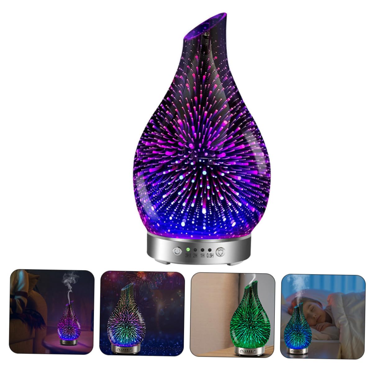 Difusor Humidificador de Vidrio 3D Púrpura Luz Cambiante | Capacidad Inferior a 1 L, Tecnología de Reducción de Ruido, Atomización Suave para Spa y Oficinas
