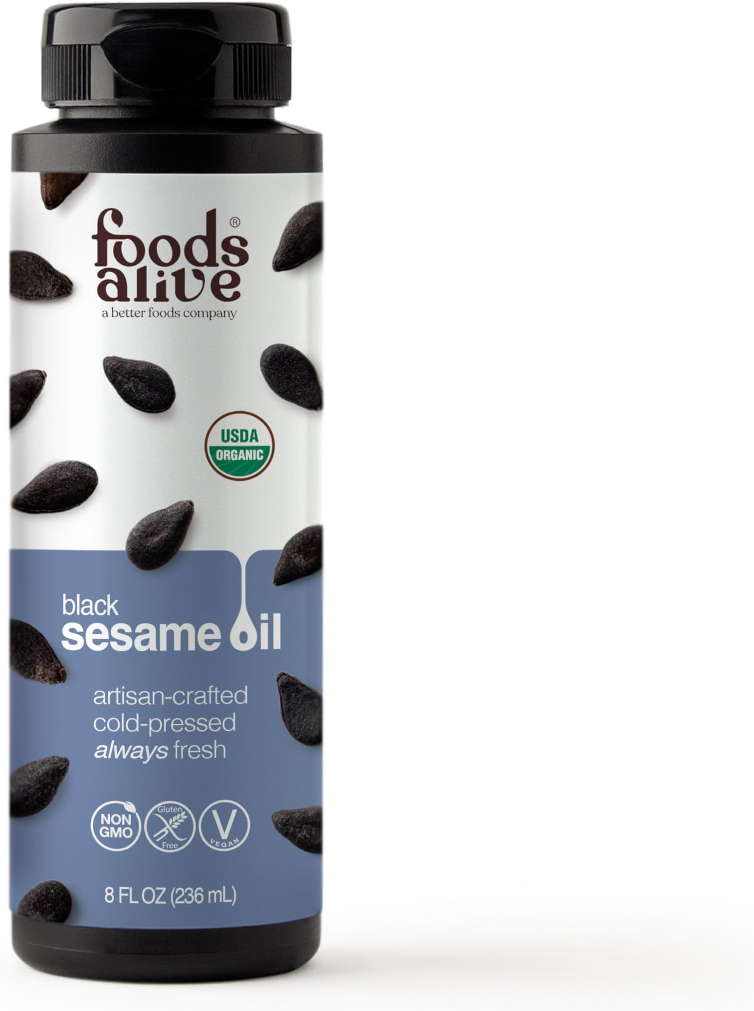 Foods Alive USDA Organic Black Sesame Seed Oil, Artisan Cold-Pressed, non-gmo, vegan, gluten free, kosher, 8 oz liquid