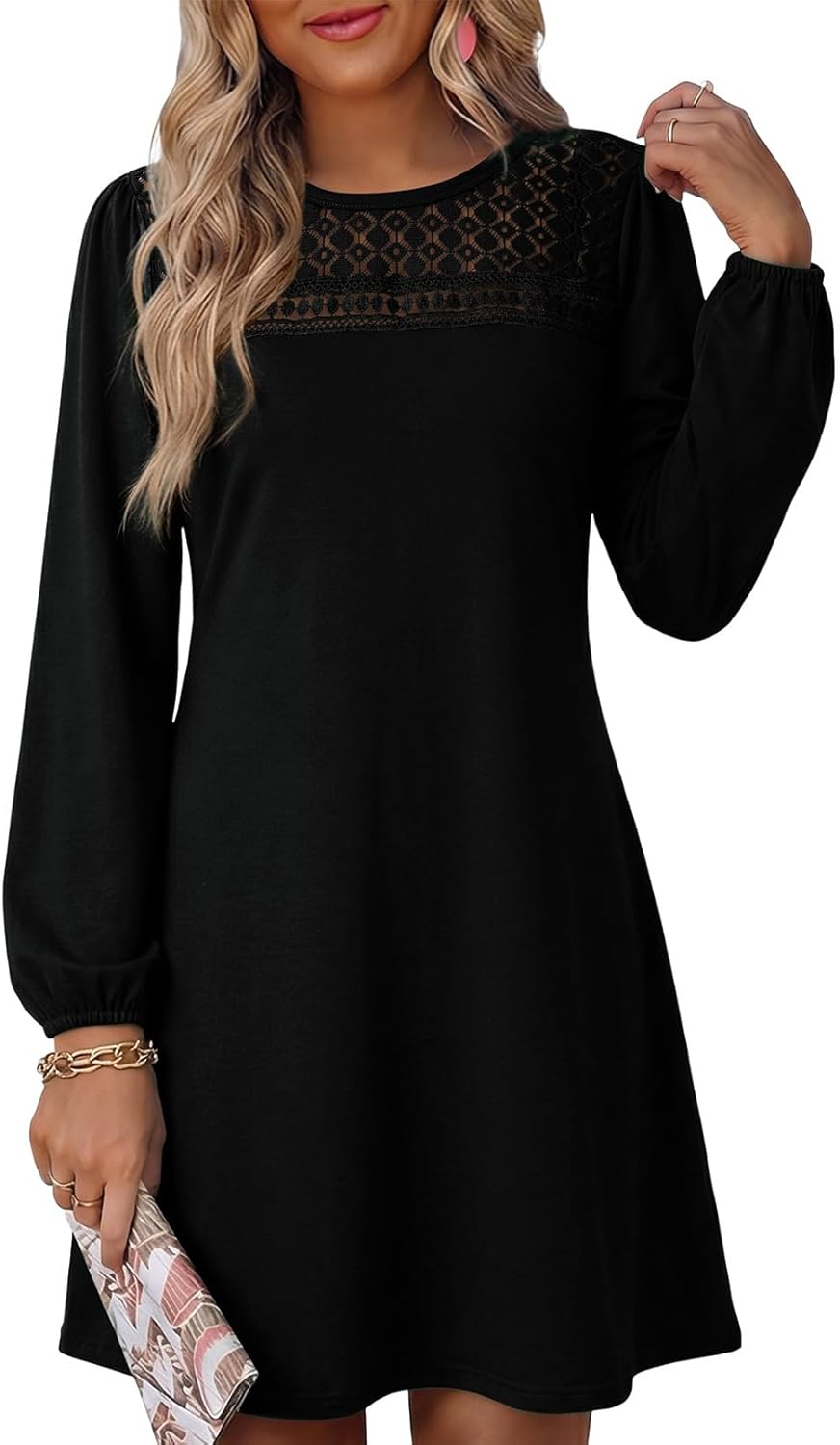 Dokotoo Spring Dresses for Women 2026 Crochet Lace Neck Long Sleeve A Line Shift Dress Flowy Swing Mini Dress