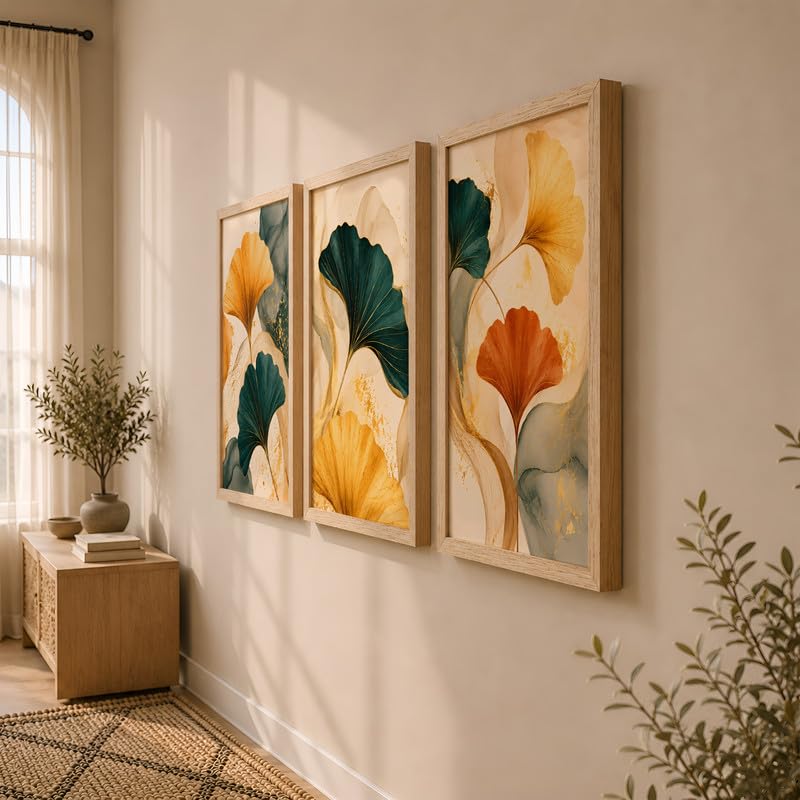 Image of NoWorries Abstract Ginkgo Leaf Wall Art Frames Set of 3 | Modern Botanical Look Paintings with Gold & Teal Leaves | Premium 300 GSM Prints in Synthetic Wooden Frames | Living Room, Bedroom, Office & Home Decor (NATURAL, ART-15, 21X31INCHES)