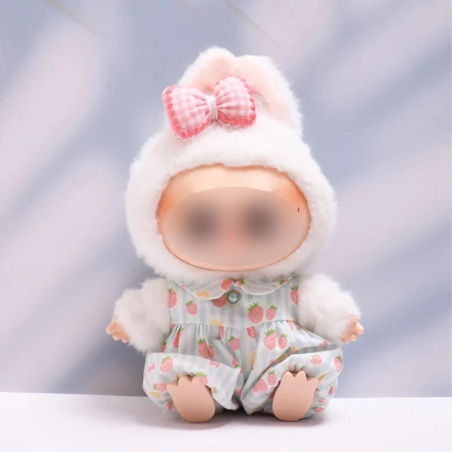 Cute Strawberry Romper Set for Labubu Dolls – Includes Bow, Mini Bag & Ruffled Shoes (Blue)