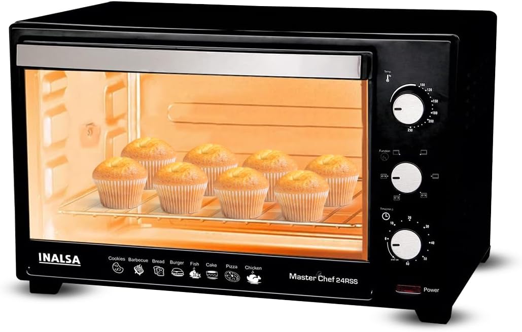 Inalsa Oven Masterchef 24RSS OTG (24 Liters)-1600 watts with Motorised Rotisserie & Temperature Selection|6 Stage Heat Selection |Stainless-Steel Finish,(Black)