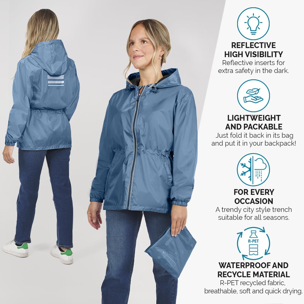 PERLETTI Chubasquero Mujer Cortaviento Ligero con Cremallera - Impermeable Mujer con Capucha Detalles Reflectantes - Chaqueta Trench Deporte Transpirable Waterproof Reutilizable Mujeres