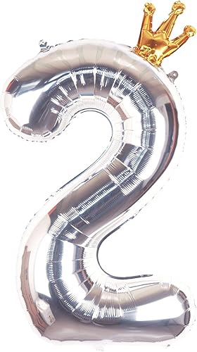 Globo plateado con corona dorada de 40 pulgadas, globo grande de Mylar con número 2 para niños y niñas, decoración rápida de cumpleaños de 2 años,