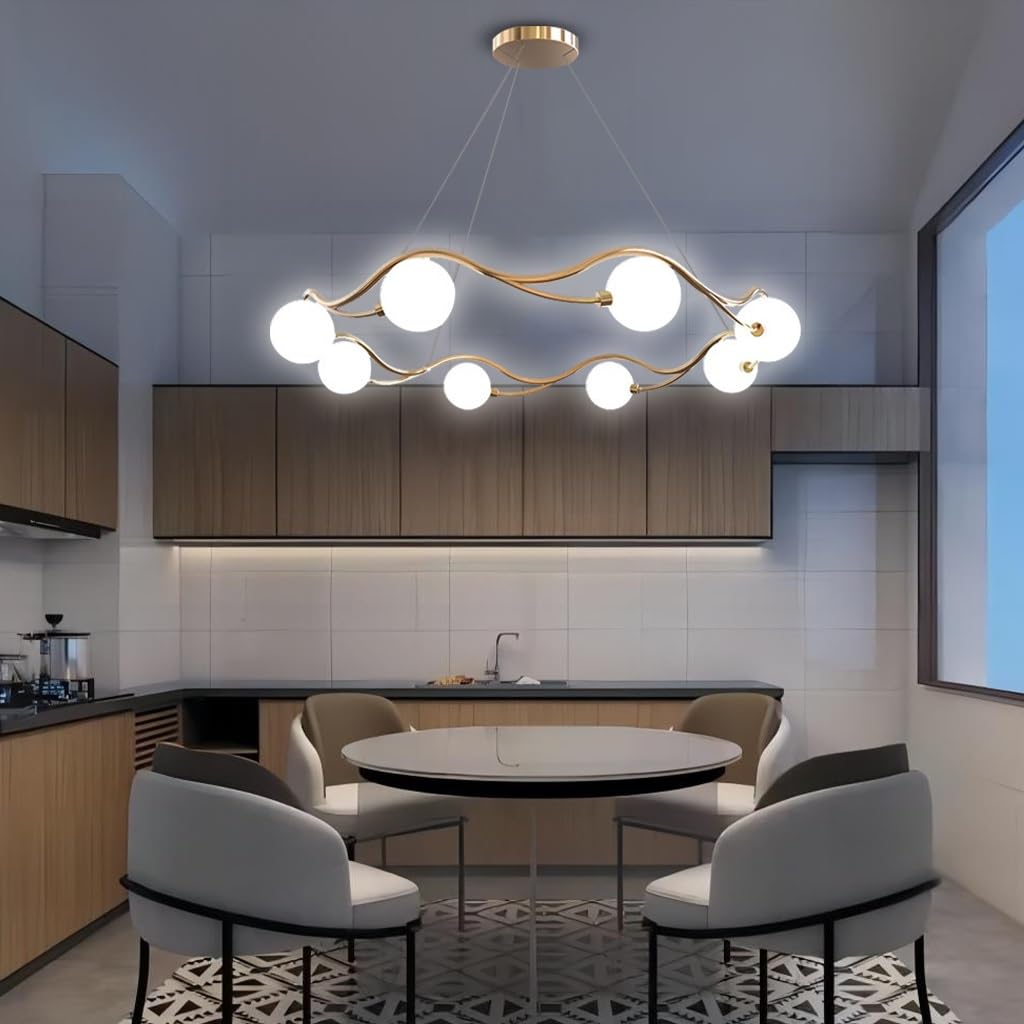 Sala da pranzo dorata Sputnik Vetro bianco Paralume a sospensione lineare Apparecchio di illuminazione a sospensione metà secolo 8 luci per isola cucina Camera da letto Soggiorno Lampada a sospensione