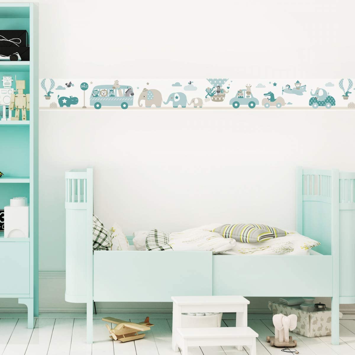 bordo autoadesivo, 450 x 11,5 cm, con motivo di escursione degli animali, beige-menta-turchese