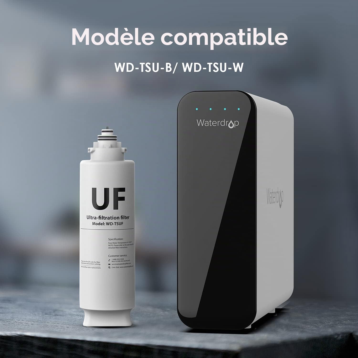 Waterdrop TSUF Ultra Filtration Filtre à eau sous table de remplacement pour Waterdrop TSU-W Système de filtration à eau 3 niveaux Ultra Filtration sous table 0,01 micron