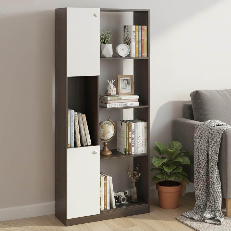 Image of FURNEASER Bookaura Wooden Bookshelf with Doors, Multipurpose Bookcase Storage Organizer for Living Room Modern Wooden Book Shelf Cabinet, Display Rack for Books & Decor (Wenge & White)