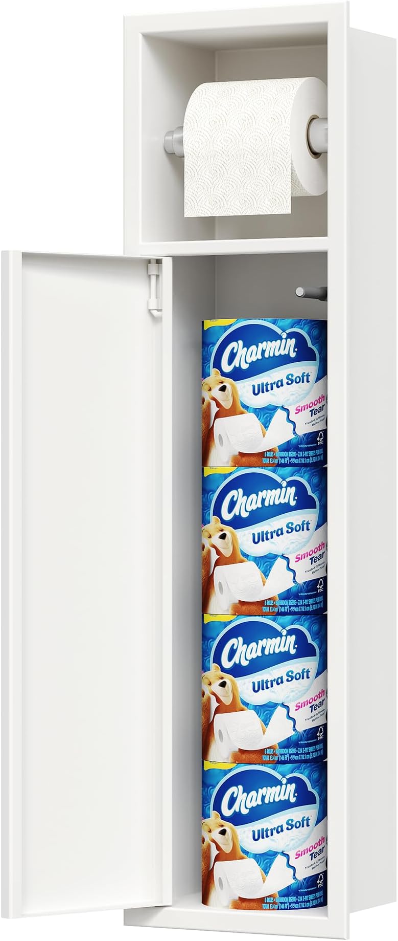 Recessed Toilet Paper Holder, SUS304 Stainless Steel Rustproof Recessed Toilet Paper Holder with Storage Cabinet, in Wall Tissue Paper Holder for Bathroom, Matte White, 4.7" Depth