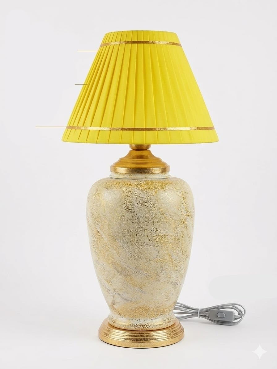 Decorative Table Lamp with Yellow Fabric Shade & Gold Accent Base Ceramic Oval Body with Abstract Print | Bedside Night Lamp for Bedroom, Living Room & Study Table-image-23