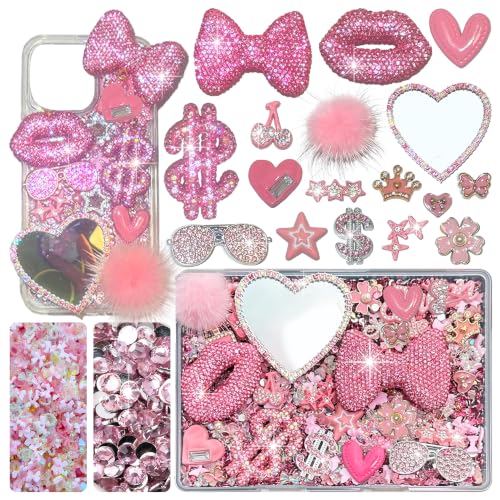 Gehaiwo Pink Junk Case Charms Kit Junks Phone Cases with Rhinestone Accessories and Full Diamond Bow Lips Dollar Sign Pom Resin Kits Mirror with DIY Phones Decorations