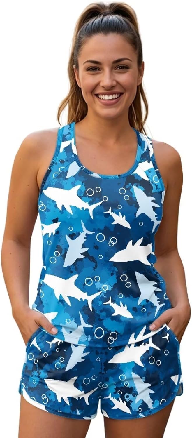 Biyejit Tankini Swimsuits for Women 2026 Tummy Control Two Piece Bathing Suits with Sporty Pockets Swim Boy Shorts Plus Size