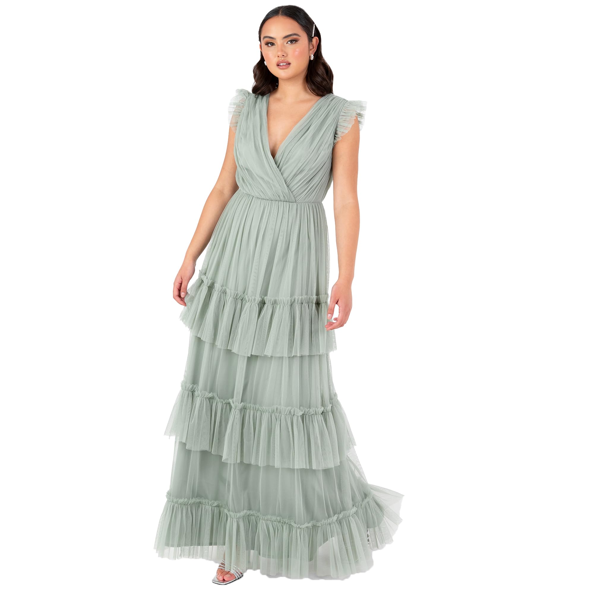 Women's Maxi Dress Ladies Short Sleeve V-Neck Wrap Tiered Ruffle Tulle A-line Wedding Guest Bridesmaid Prom Ball Gown