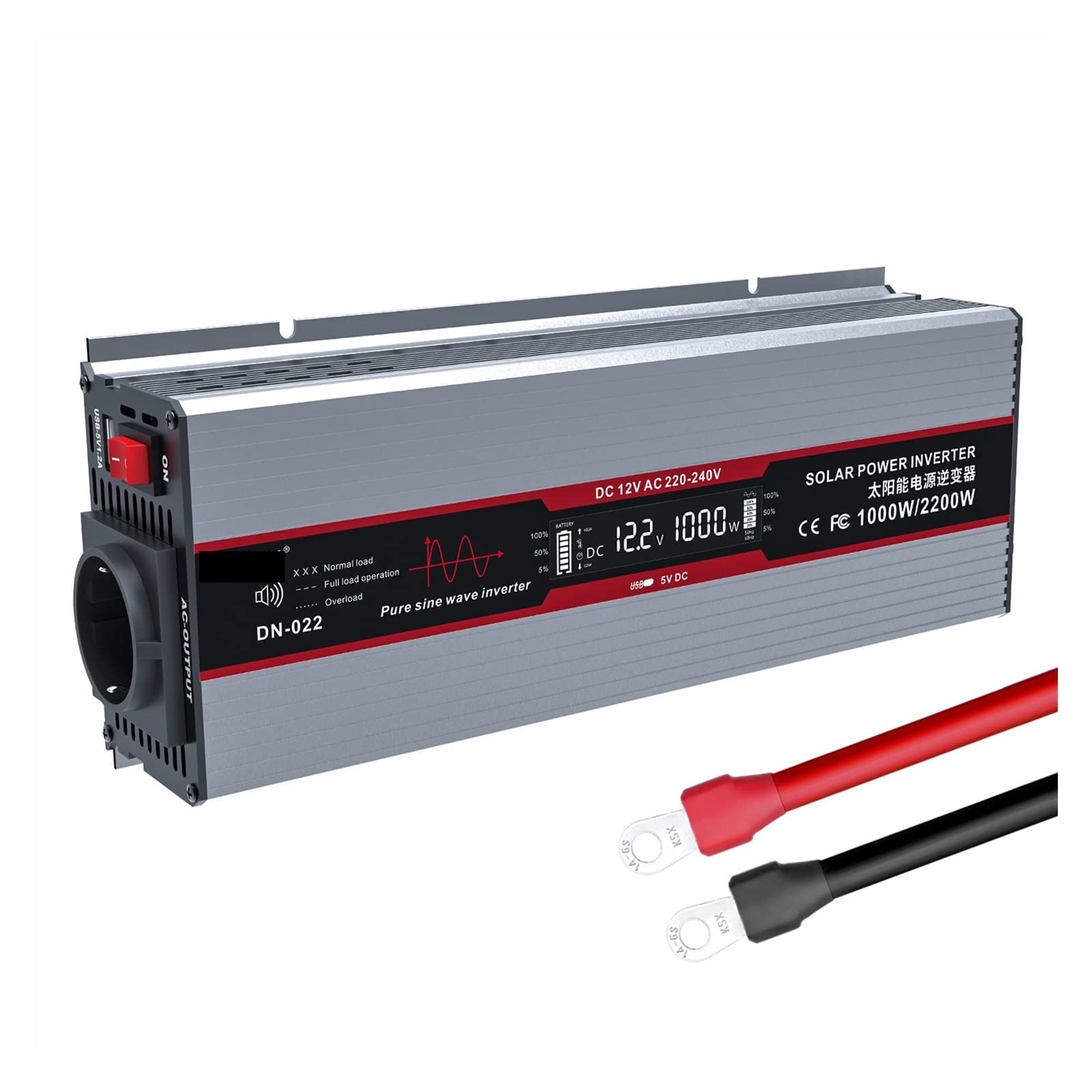 CUDTAPI Inverter 12V 220 Pure Sine Wave 2200W Power Inverter Continuous Power 1000W Voltage Converter With USB Charging LED(Gris)