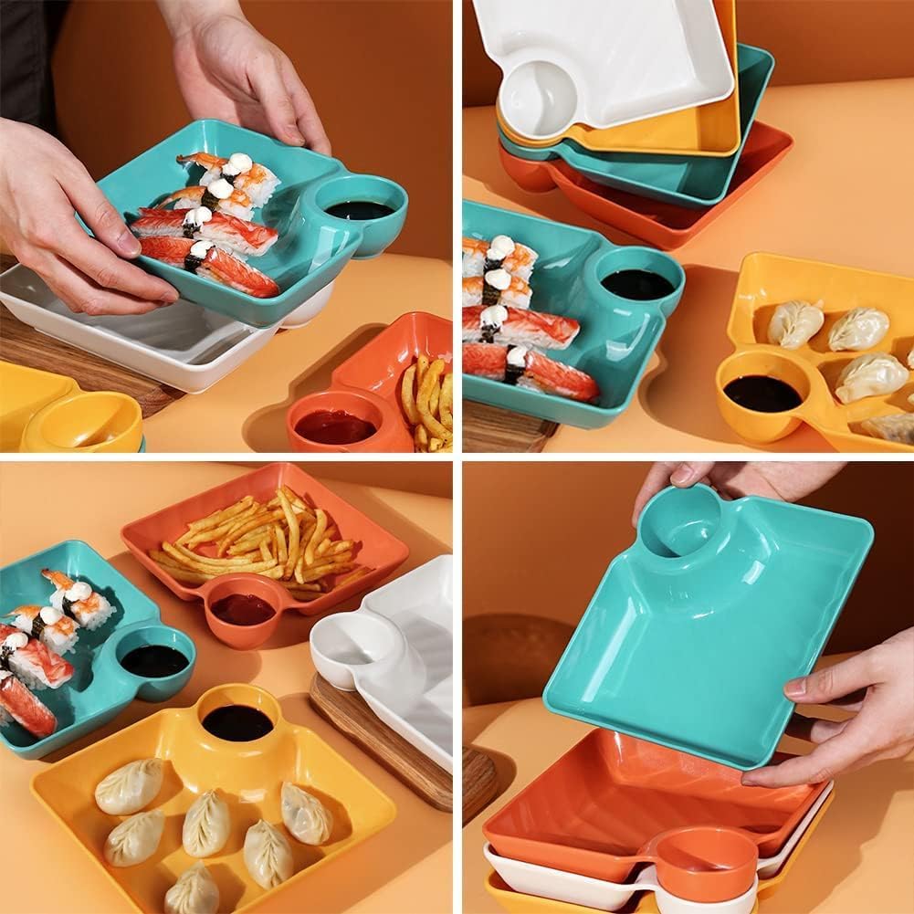 Kolorful Sauce Compartment Plastic Square Tray Dumpling Plate with Round Dip Part Dishes for Serving Tray for Chips Dips,Dumplings,Pasta,Salsa,Tacos, Nachos,Momos,Snacks,Reusable Appetizers (2) 2