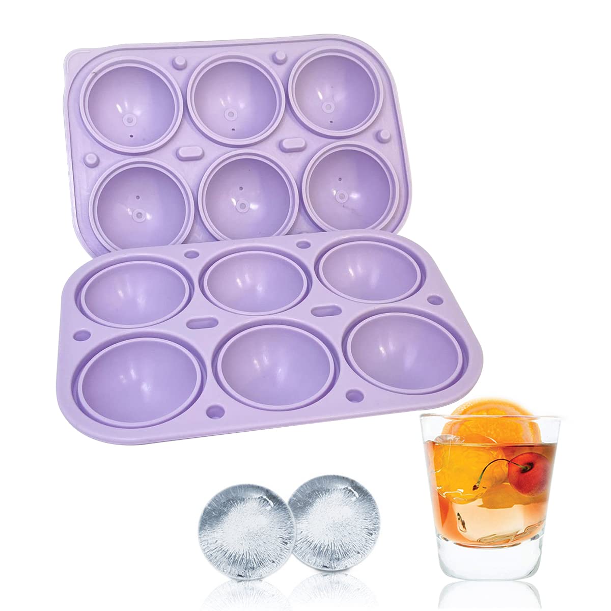 IBAMA 6 Grids Ice Ball Maker Mold Crystal Clear Ice Mold BPA Free Round Silicone Ice Cube Molds, Reusable Sphere Ice Tray for Whiskey Cocktail Bourbon Scotch Purple, ICECUBE09-BK