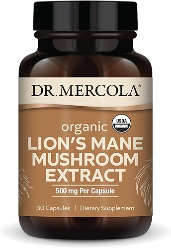 Dr. Mercola Extracto orgánico de hongo de melena de león, 30 cápsulas de 500 mg de melena de león orgánica, sin OMG, sin gluten, sin soja
