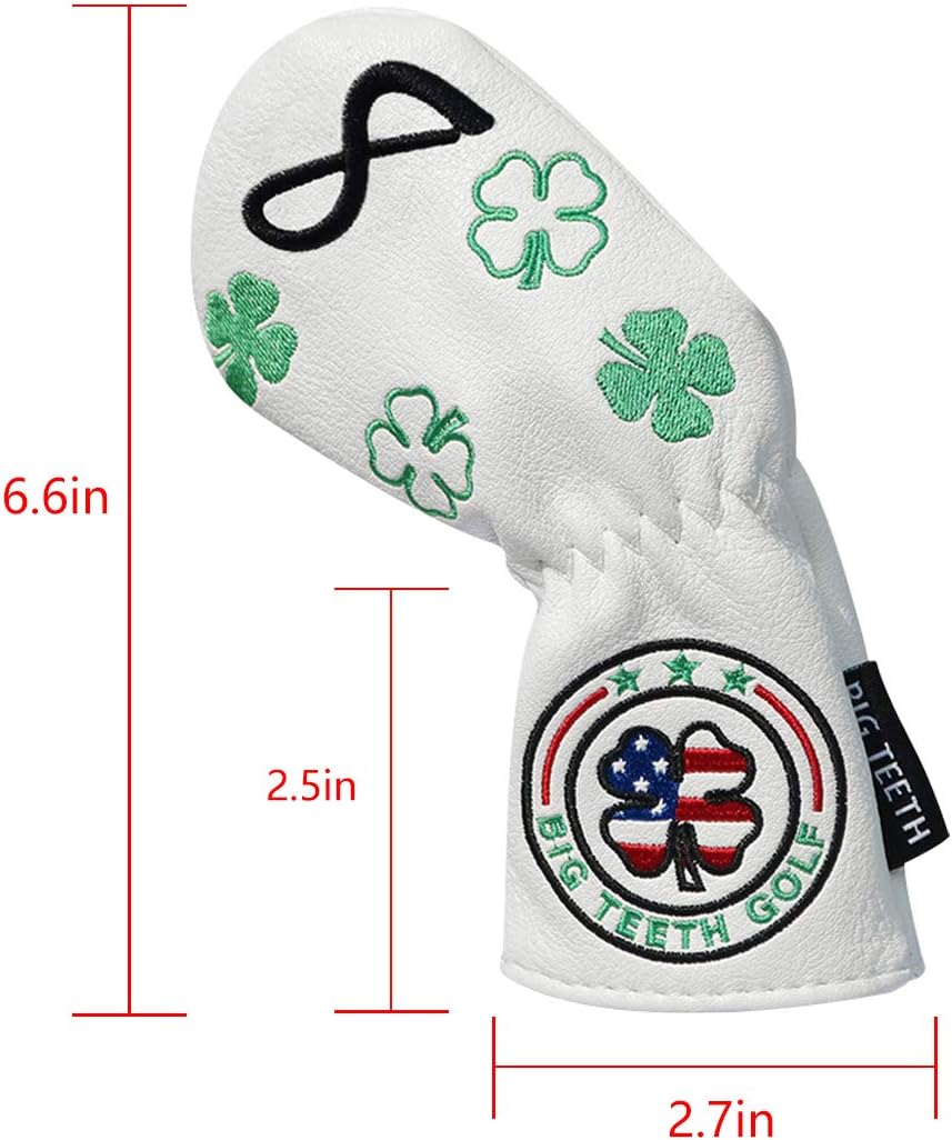 Big Teeth Golf Cover Lucky Clover Headcover Covers, Driver Fairway Wood Hybrid Headcovers Fits Blade Mallet Putter Iron and Woods with Magnetic White Shamrock Head Club Protector Leather