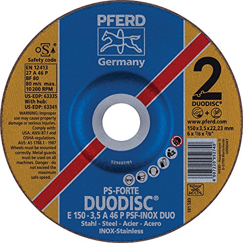 PFERD 63335 Duodisc Combination Cutting/Grinding Wheel, Type 27, Aluminum Oxide A, 6" Diameter x 1/8" Thick, 7/8" Bore, 10200 Max RPM (Pack of 10)