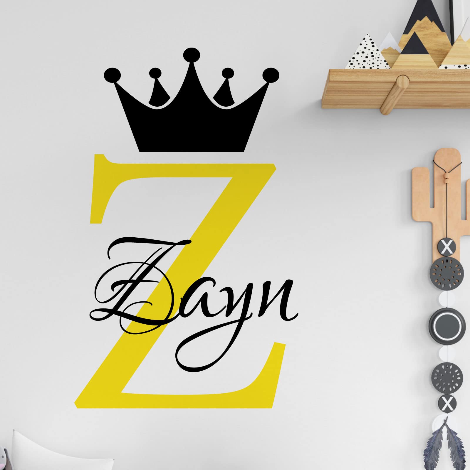 Personalised Name Baby Prince Princess Decal Wall Sticker - Initial Letter Crown [Lemon]